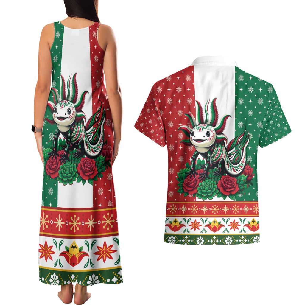 Mexico Christmas Couples Matching Tank Maxi Dress and Hawaiian Shirt Cute Axolotl with Flag Style - Wonder Print Shop