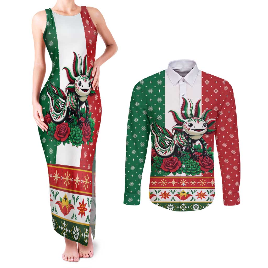 Mexico Christmas Couples Matching Tank Maxi Dress and Long Sleeve Button Shirt Cute Axolotl with Flag Style - Wonder Print Shop