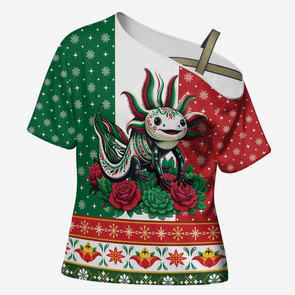Mexico Christmas Cross Shoulder Shirt Cute Axolotl with Flag Style - Wonder Print Shop