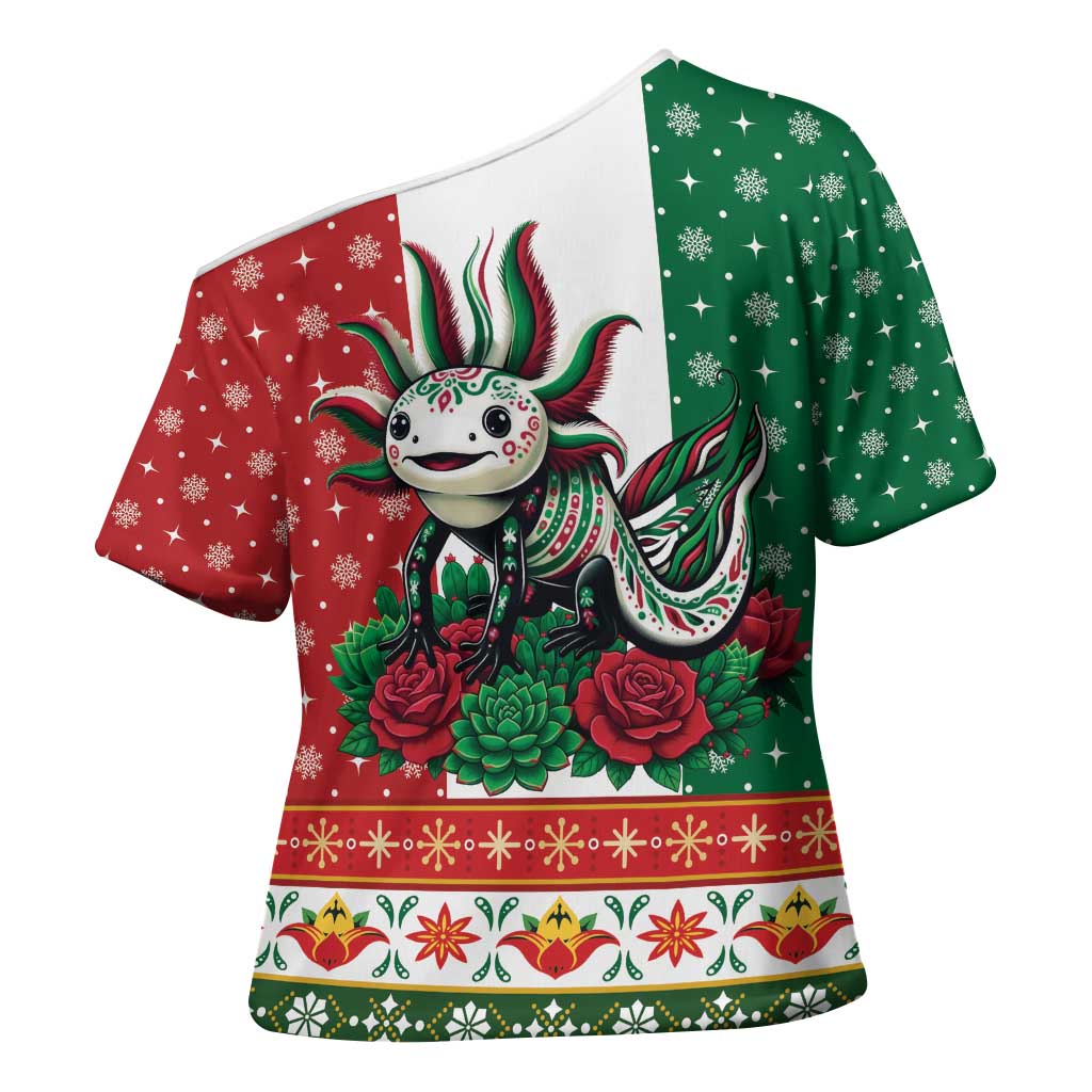 Mexico Christmas Cross Shoulder Shirt Cute Axolotl with Flag Style - Wonder Print Shop