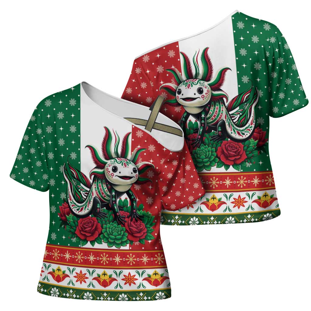 Mexico Christmas Cross Shoulder Shirt Cute Axolotl with Flag Style - Wonder Print Shop