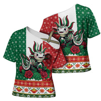 Mexico Christmas Cross Shoulder Shirt Cute Axolotl with Flag Style - Wonder Print Shop