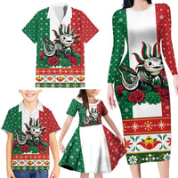 Mexico Christmas Family Matching Long Sleeve Bodycon Dress and Hawaiian Shirt Cute Axolotl with Flag Style - Wonder Print Shop