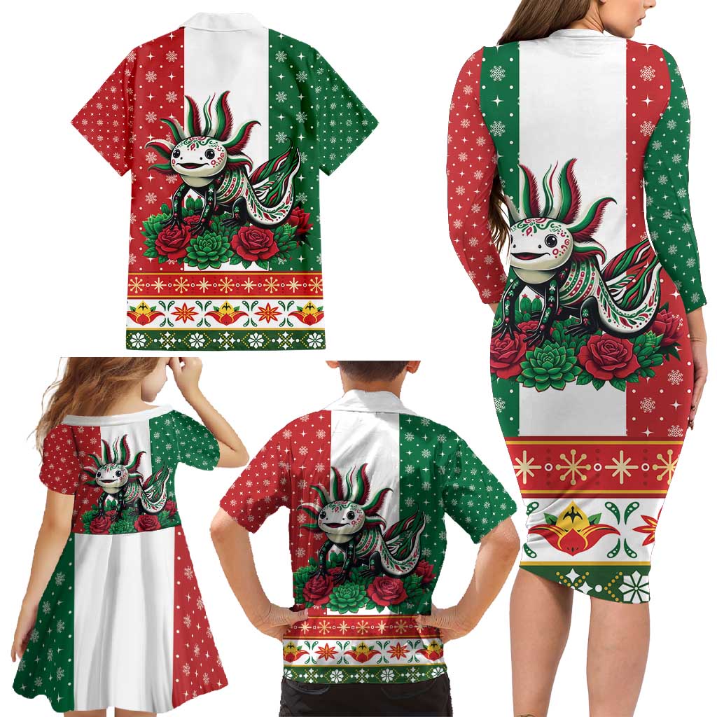 Mexico Christmas Family Matching Long Sleeve Bodycon Dress and Hawaiian Shirt Cute Axolotl with Flag Style - Wonder Print Shop