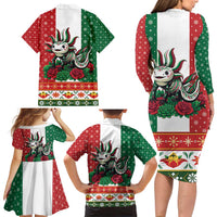 Mexico Christmas Family Matching Long Sleeve Bodycon Dress and Hawaiian Shirt Cute Axolotl with Flag Style - Wonder Print Shop