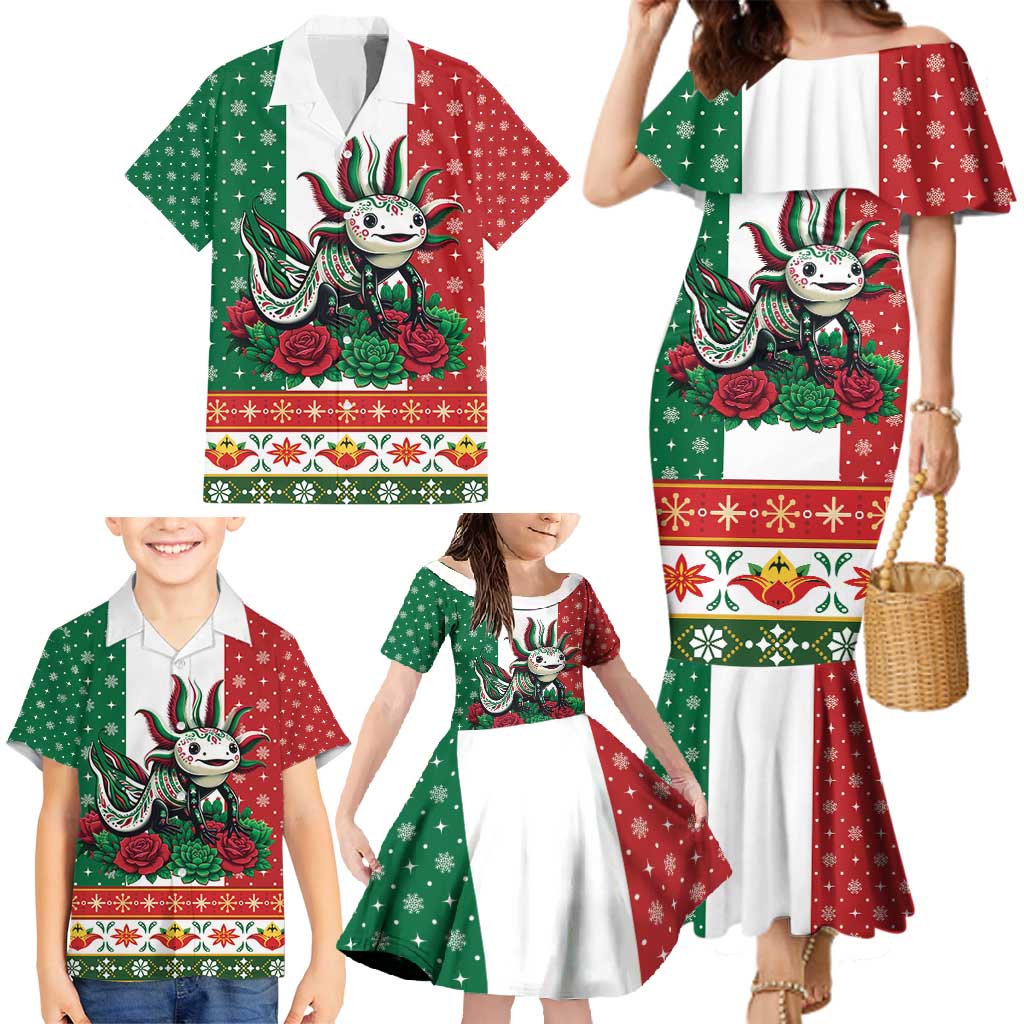 Mexico Christmas Family Matching Mermaid Dress and Hawaiian Shirt Cute Axolotl with Flag Style - Wonder Print Shop