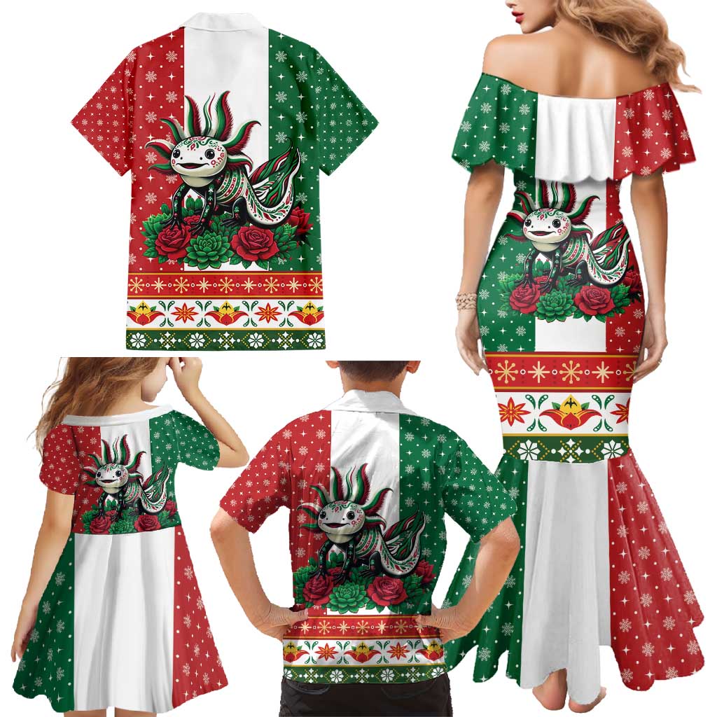Mexico Christmas Family Matching Mermaid Dress and Hawaiian Shirt Cute Axolotl with Flag Style - Wonder Print Shop