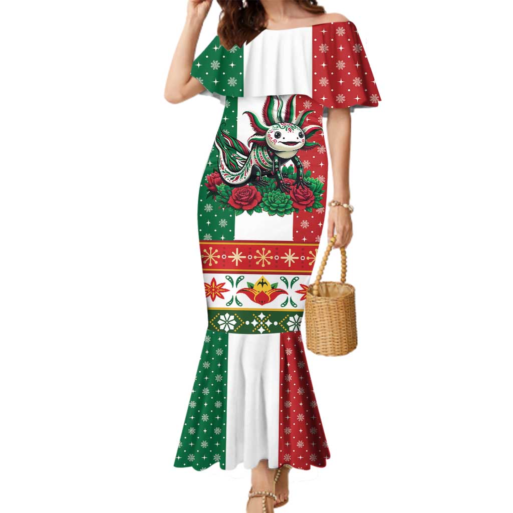 Mexico Christmas Family Matching Mermaid Dress and Hawaiian Shirt Cute Axolotl with Flag Style - Wonder Print Shop