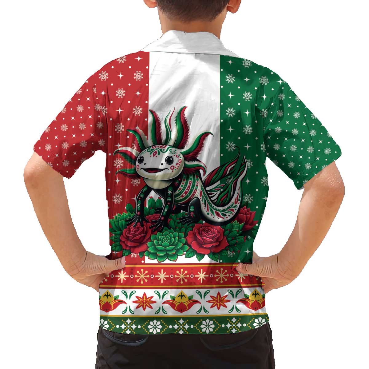 Mexico Christmas Family Matching Off The Shoulder Long Sleeve Dress and Hawaiian Shirt Cute Axolotl with Flag Style - Wonder Print Shop