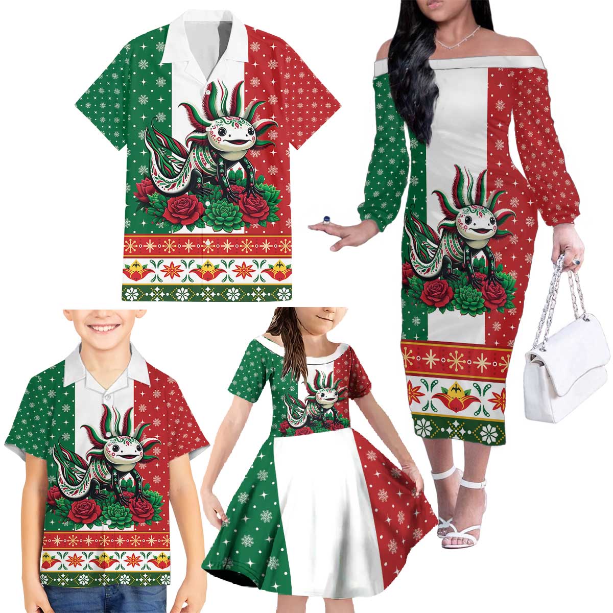 Mexico Christmas Family Matching Off The Shoulder Long Sleeve Dress and Hawaiian Shirt Cute Axolotl with Flag Style - Wonder Print Shop