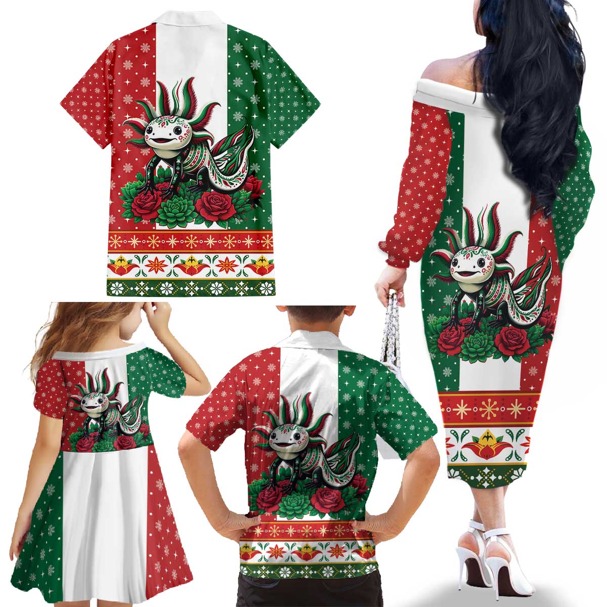 Mexico Christmas Family Matching Off The Shoulder Long Sleeve Dress and Hawaiian Shirt Cute Axolotl with Flag Style - Wonder Print Shop