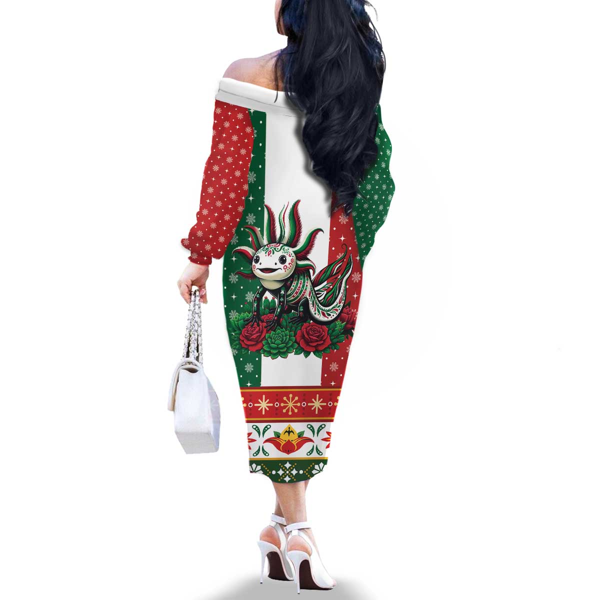 Mexico Christmas Family Matching Off The Shoulder Long Sleeve Dress and Hawaiian Shirt Cute Axolotl with Flag Style - Wonder Print Shop