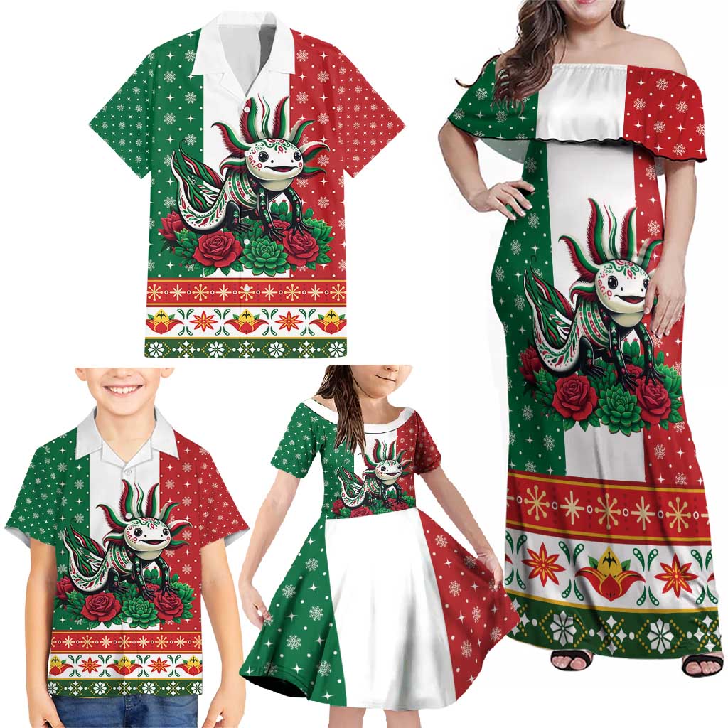 Mexico Christmas Family Matching Off Shoulder Maxi Dress and Hawaiian Shirt Cute Axolotl with Flag Style - Wonder Print Shop