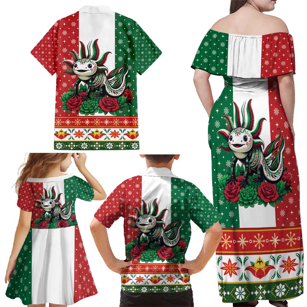 Mexico Christmas Family Matching Off Shoulder Maxi Dress and Hawaiian Shirt Cute Axolotl with Flag Style - Wonder Print Shop