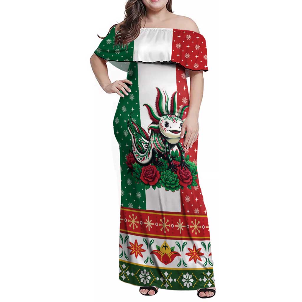 Mexico Christmas Family Matching Off Shoulder Maxi Dress and Hawaiian Shirt Cute Axolotl with Flag Style - Wonder Print Shop