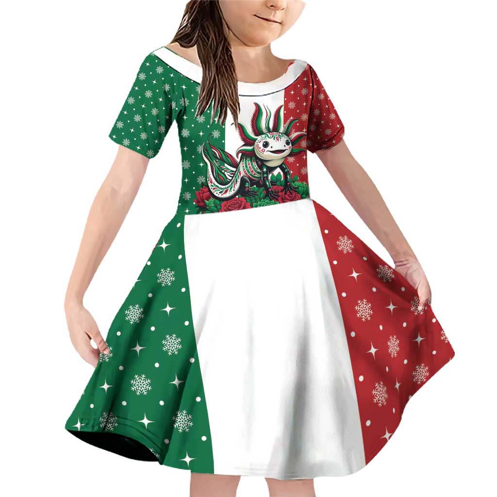 Mexico Christmas Family Matching Off Shoulder Short Dress and Hawaiian Shirt Cute Axolotl with Flag Style - Wonder Print Shop