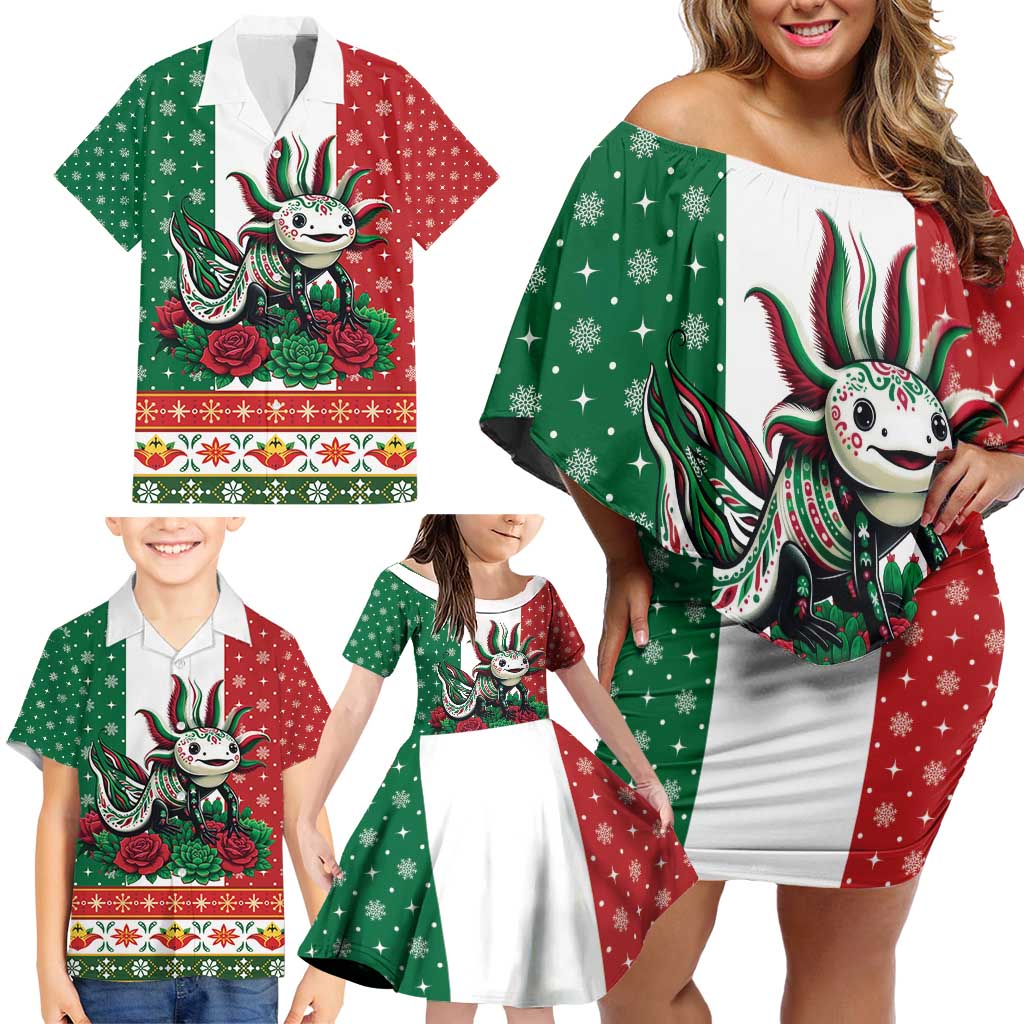 Mexico Christmas Family Matching Off Shoulder Short Dress and Hawaiian Shirt Cute Axolotl with Flag Style - Wonder Print Shop