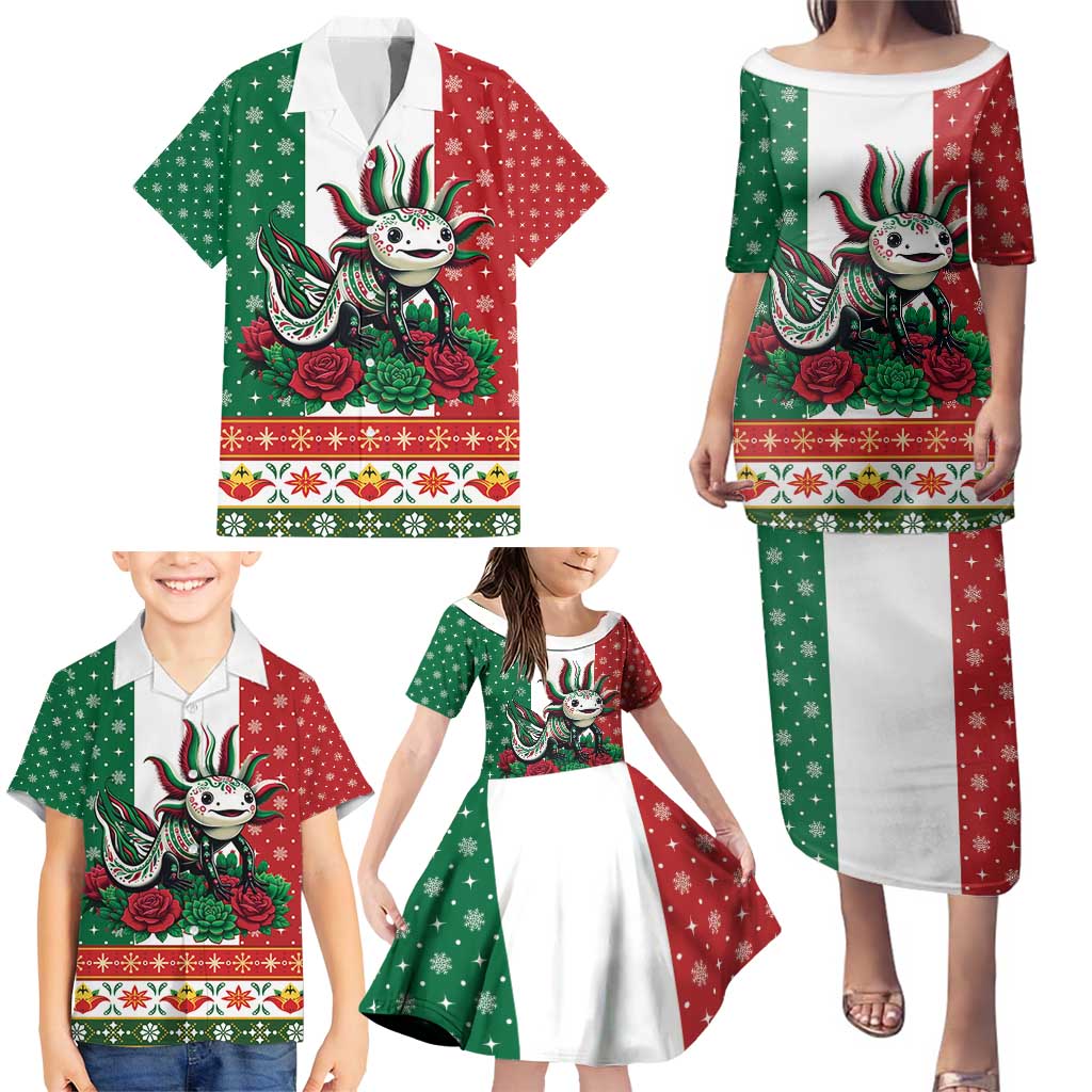 Mexico Christmas Family Matching Puletasi and Hawaiian Shirt Cute Axolotl with Flag Style - Wonder Print Shop