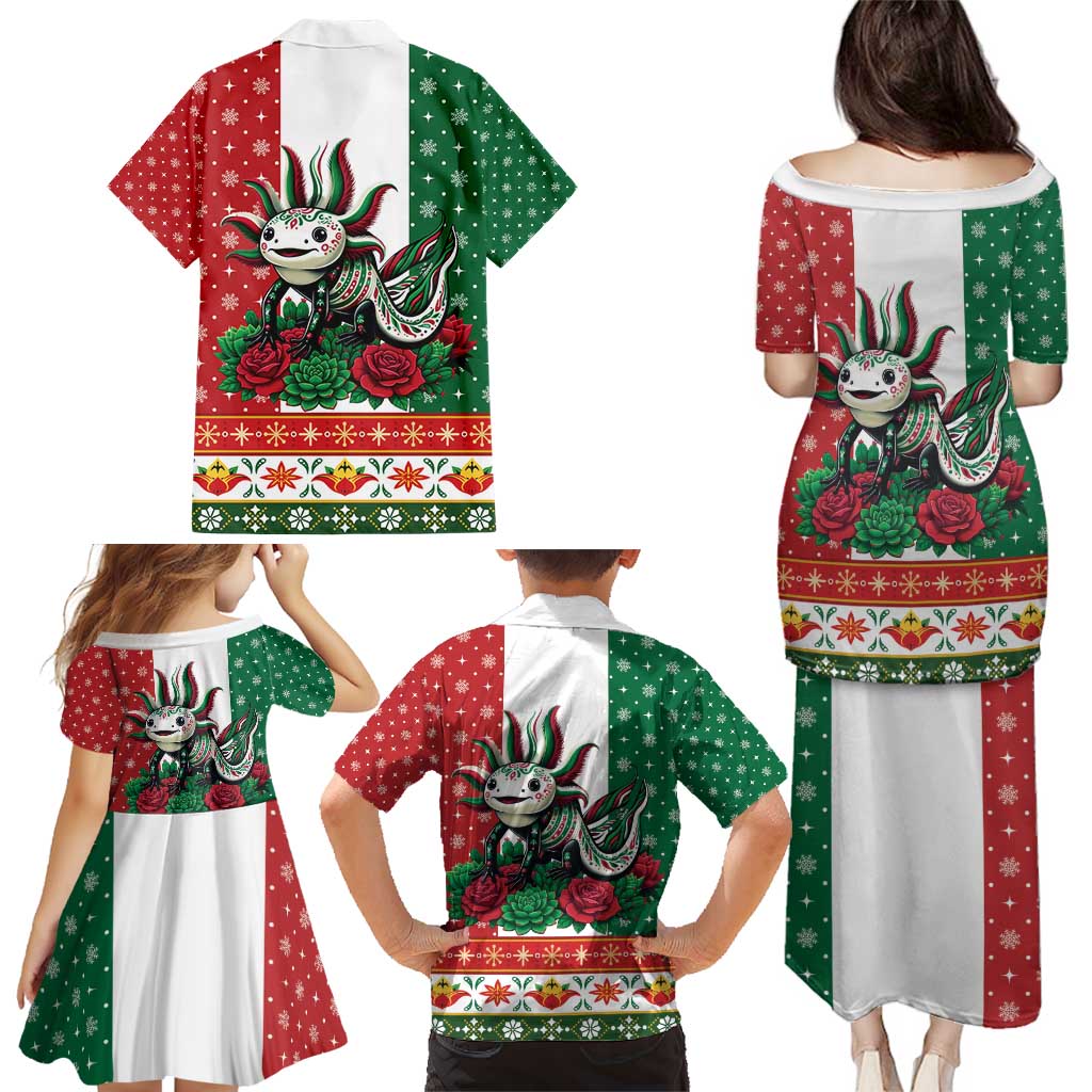 Mexico Christmas Family Matching Puletasi and Hawaiian Shirt Cute Axolotl with Flag Style - Wonder Print Shop