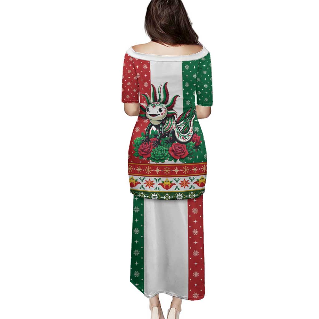 Mexico Christmas Family Matching Puletasi and Hawaiian Shirt Cute Axolotl with Flag Style - Wonder Print Shop