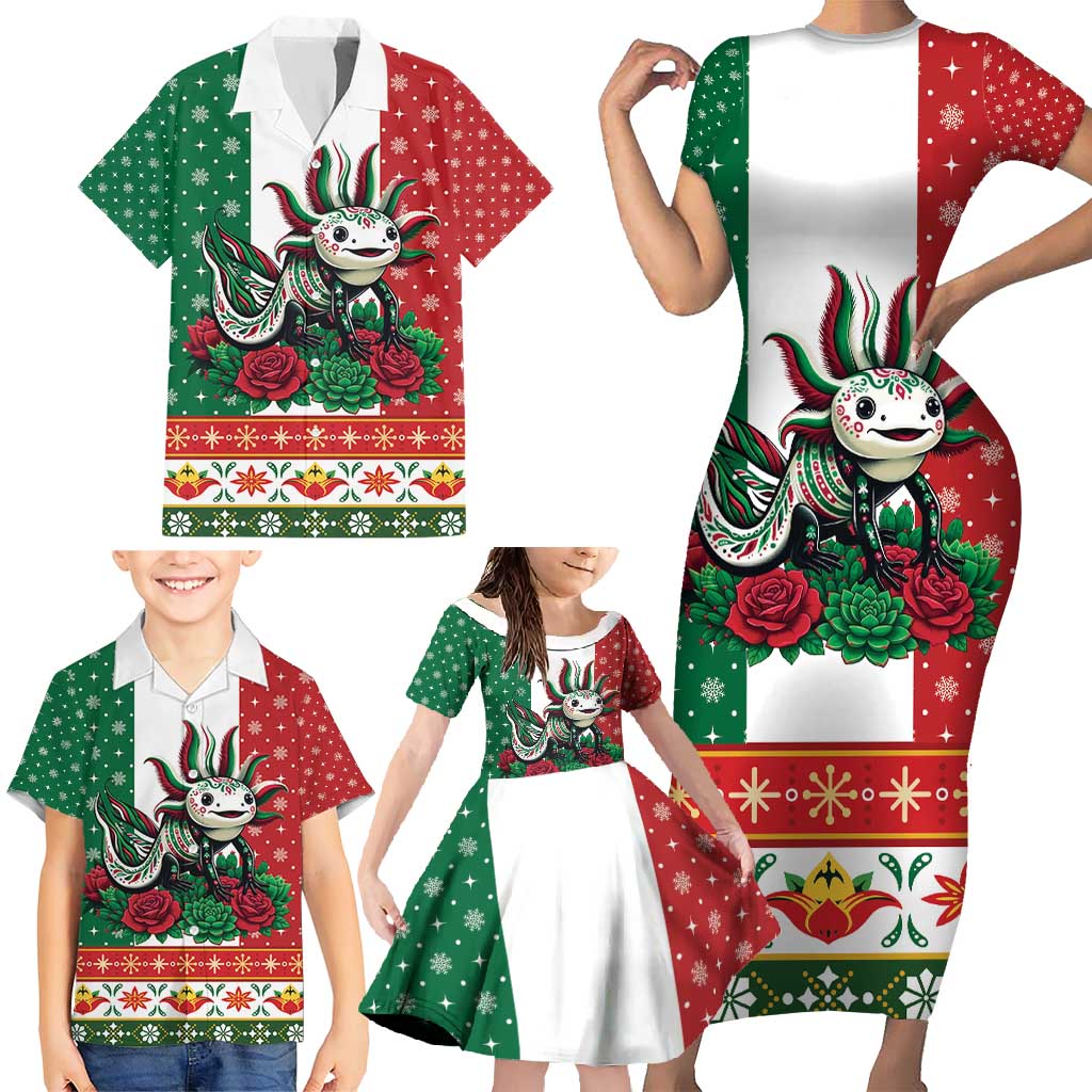Mexico Christmas Family Matching Short Sleeve Bodycon Dress and Hawaiian Shirt Cute Axolotl with Flag Style - Wonder Print Shop