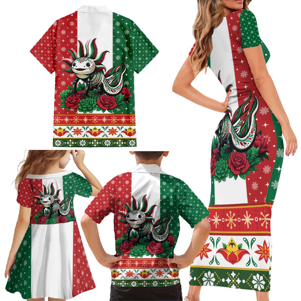 Mexico Christmas Family Matching Short Sleeve Bodycon Dress and Hawaiian Shirt Cute Axolotl with Flag Style - Wonder Print Shop