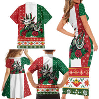Mexico Christmas Family Matching Short Sleeve Bodycon Dress and Hawaiian Shirt Cute Axolotl with Flag Style - Wonder Print Shop