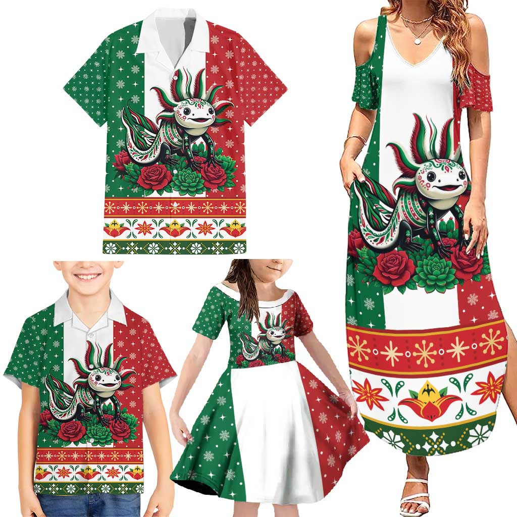 Mexico Christmas Family Matching Summer Maxi Dress and Hawaiian Shirt Cute Axolotl with Flag Style - Wonder Print Shop
