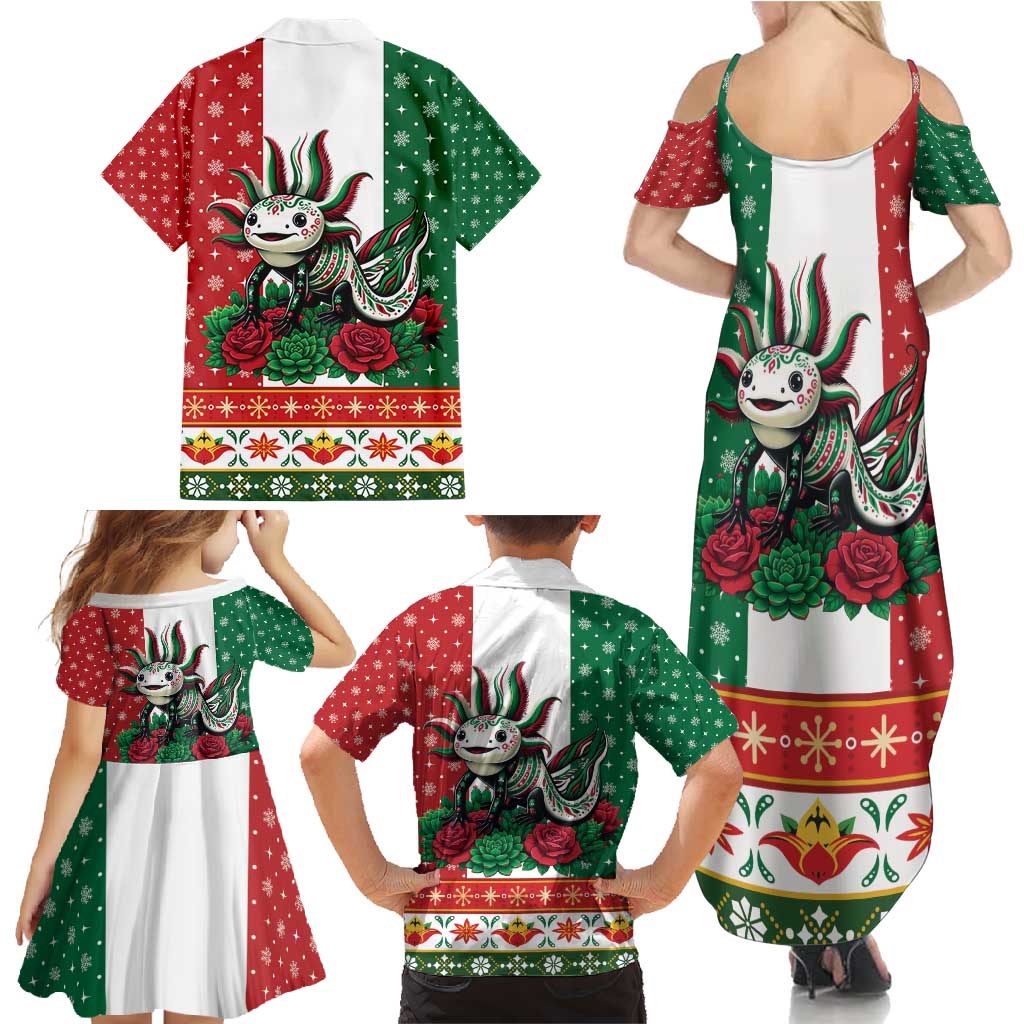Mexico Christmas Family Matching Summer Maxi Dress and Hawaiian Shirt Cute Axolotl with Flag Style - Wonder Print Shop