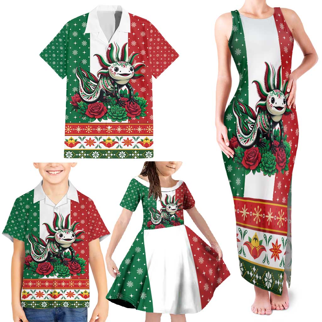 Mexico Christmas Family Matching Tank Maxi Dress and Hawaiian Shirt Cute Axolotl with Flag Style - Wonder Print Shop