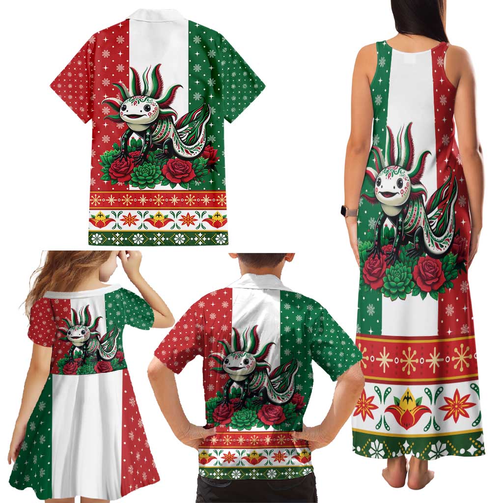 Mexico Christmas Family Matching Tank Maxi Dress and Hawaiian Shirt Cute Axolotl with Flag Style - Wonder Print Shop