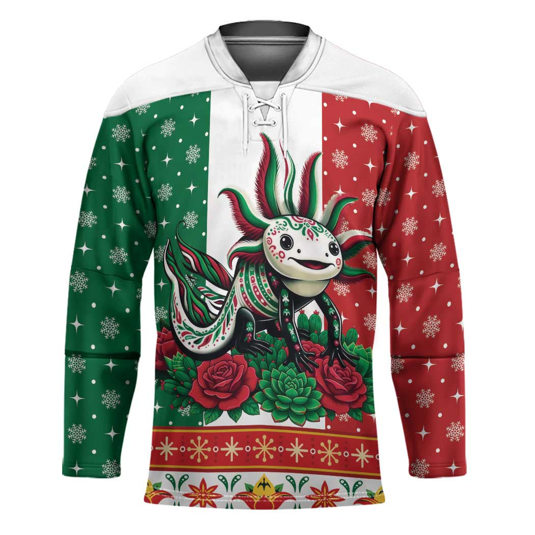 Mexico Christmas Hockey Jersey Cute Axolotl with Flag Style - Wonder Print Shop