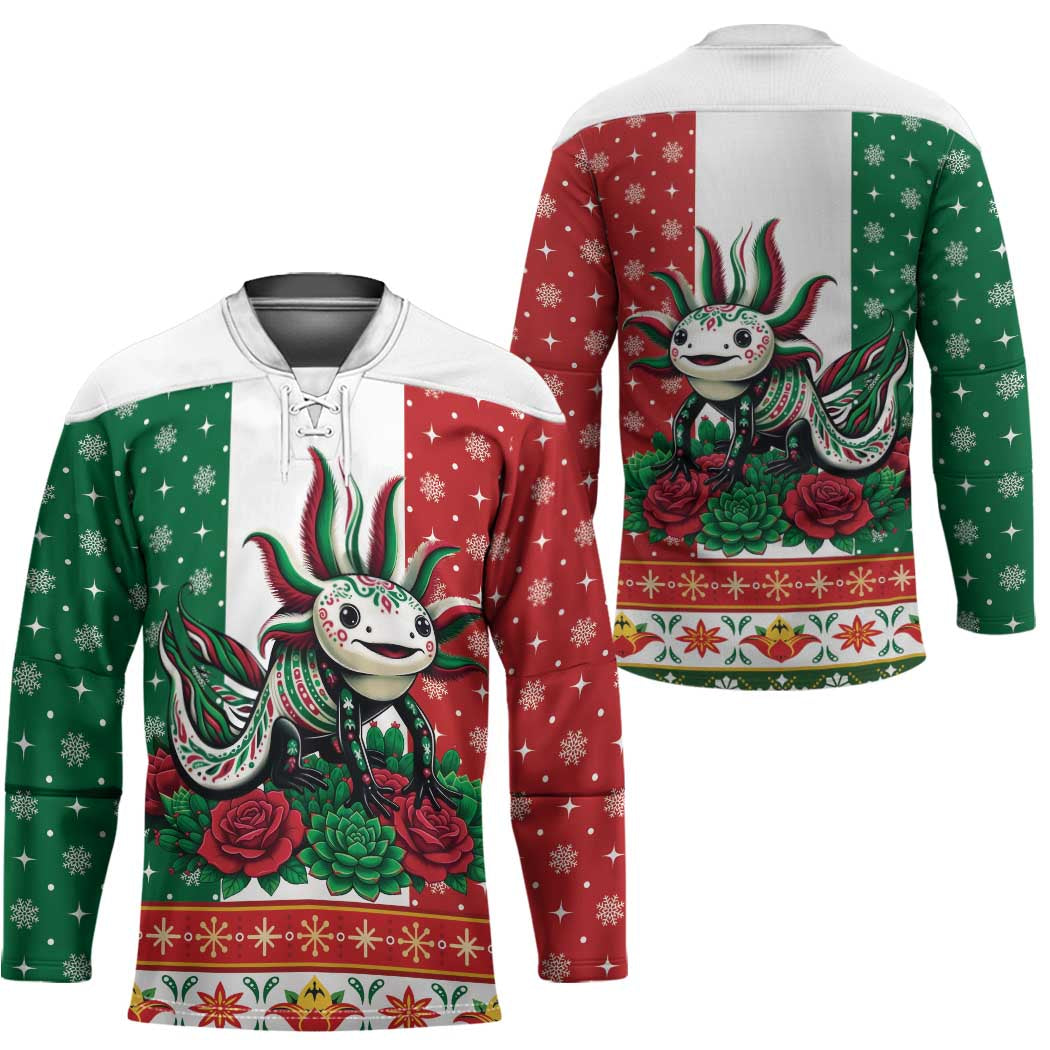 Mexico Christmas Hockey Jersey Cute Axolotl with Flag Style - Wonder Print Shop