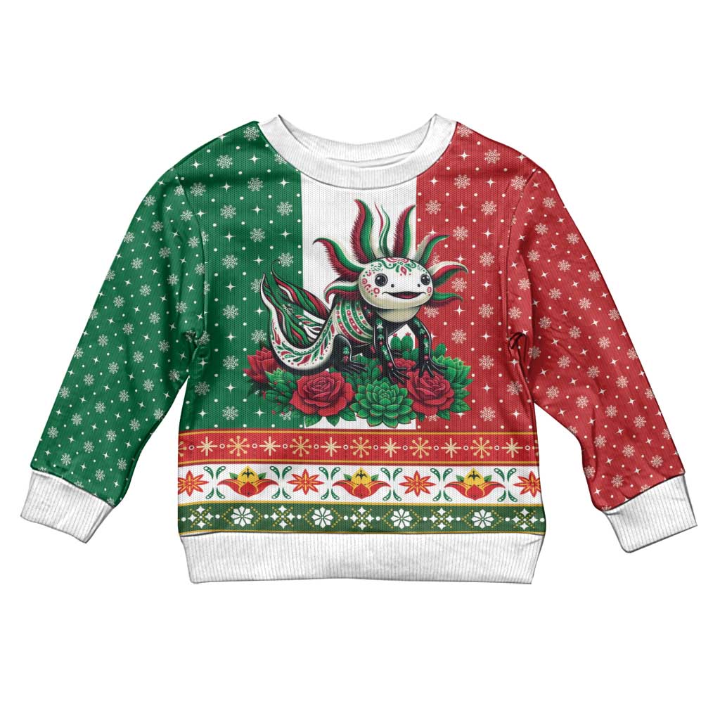 Mexico Christmas Kid Ugly Christmas Sweater Cute Axolotl with Flag Style - Wonder Print Shop