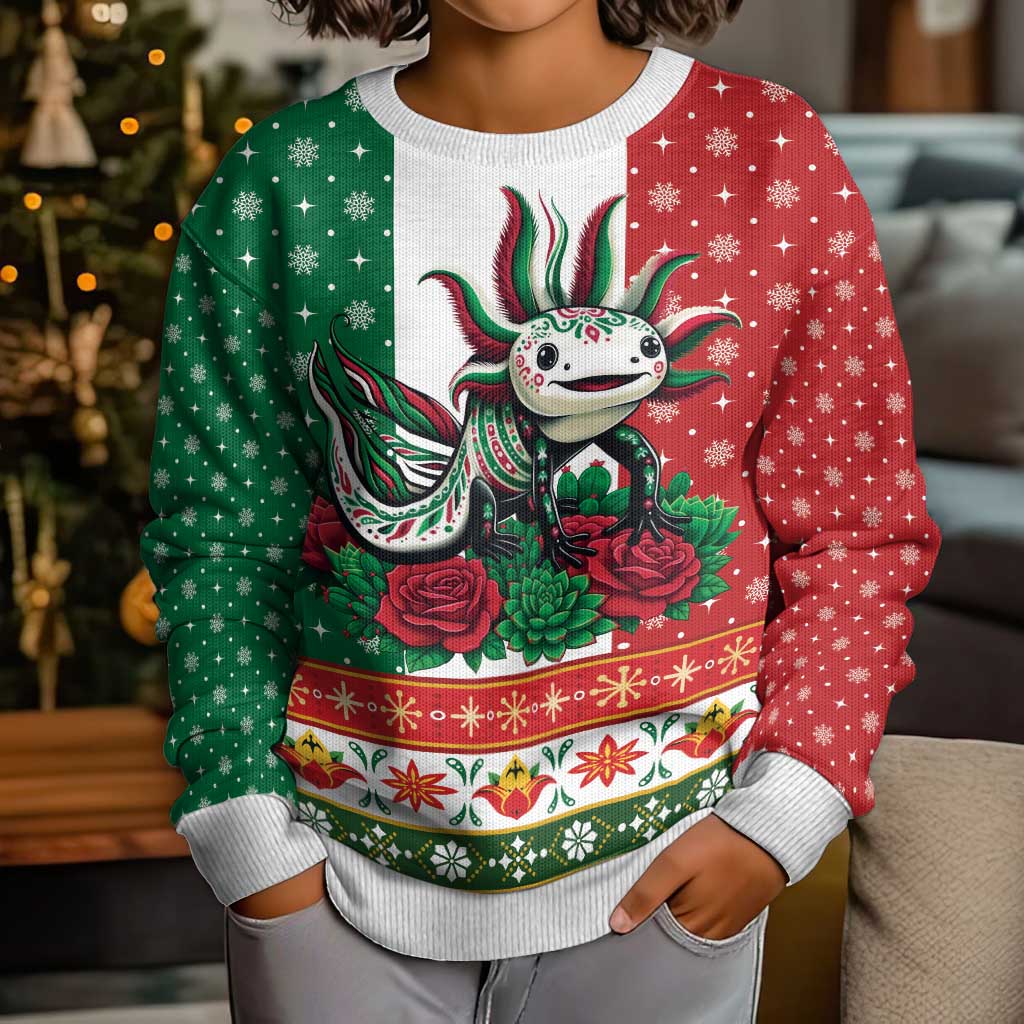 Mexico Christmas Kid Ugly Christmas Sweater Cute Axolotl with Flag Style - Wonder Print Shop