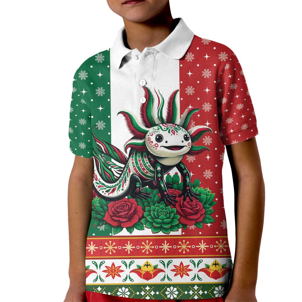 Mexico Christmas Kid Polo Shirt Cute Axolotl with Flag Style - Wonder Print Shop