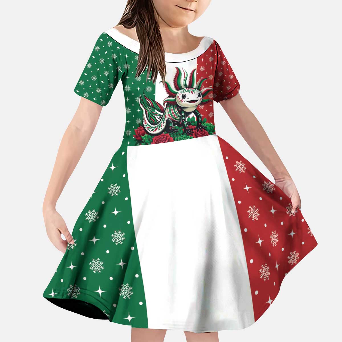 Mexico Christmas Kid Short Sleeve Dress Cute Axolotl with Flag Style - Wonder Print Shop
