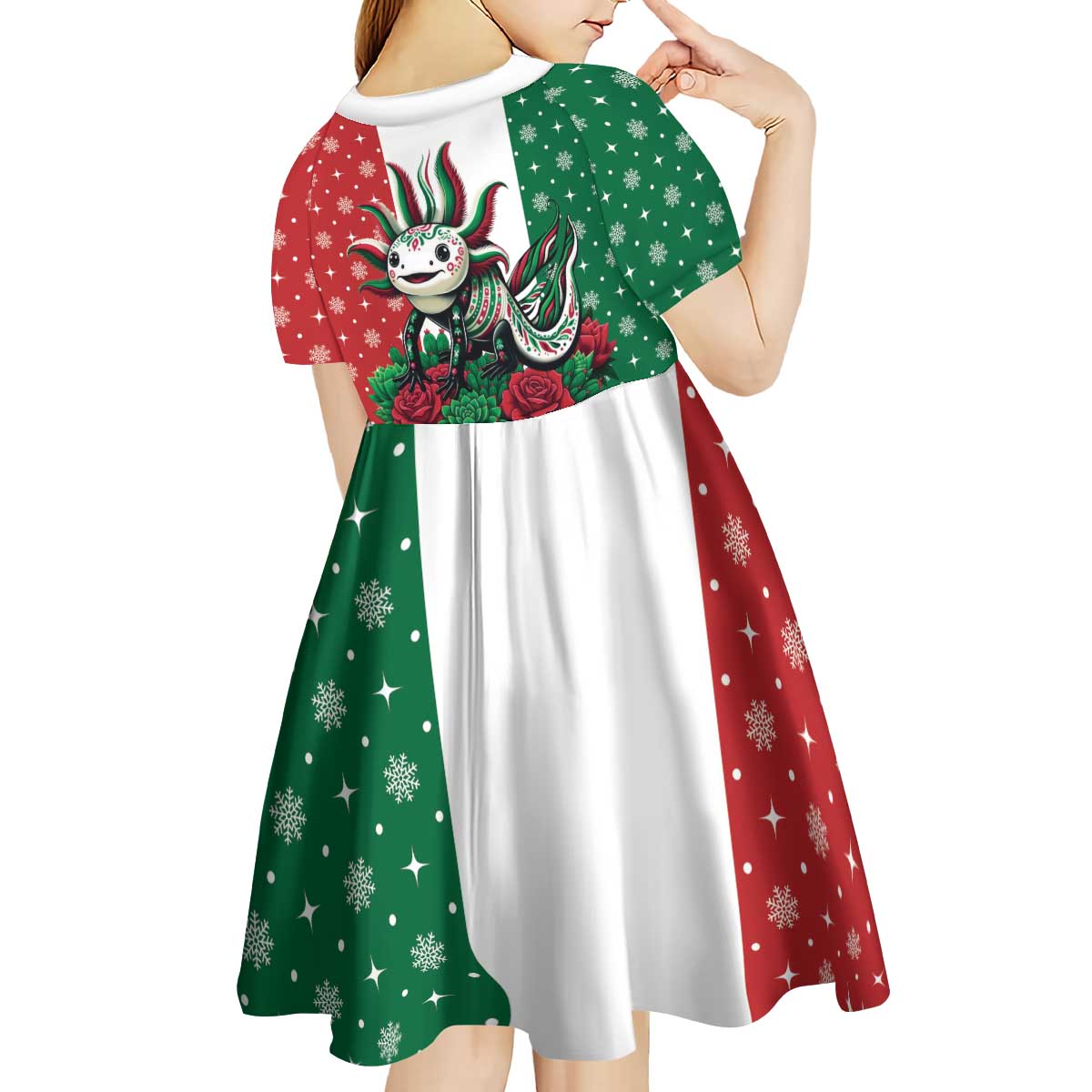 Mexico Christmas Kid Short Sleeve Dress Cute Axolotl with Flag Style - Wonder Print Shop