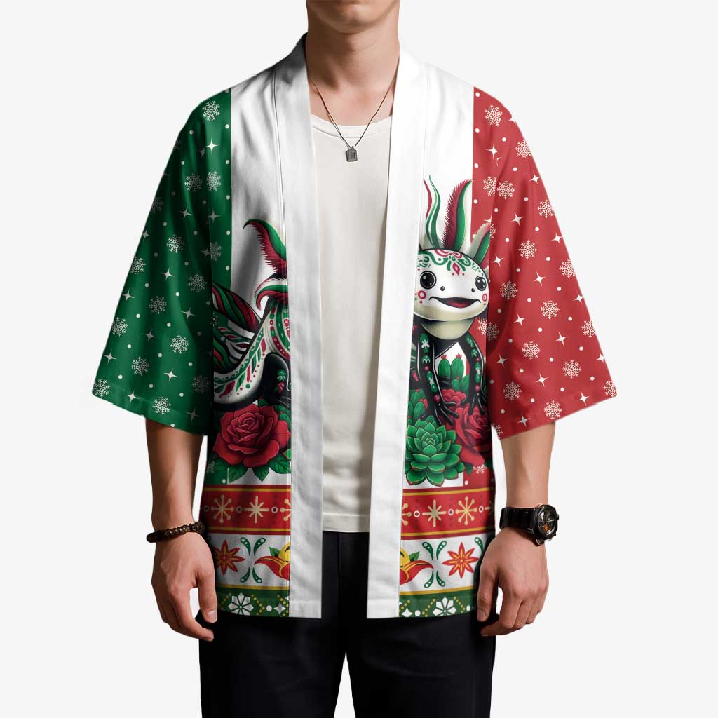 Mexico Christmas Kimono Cute Axolotl with Flag Style - Wonder Print Shop