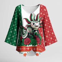 Mexico Christmas Kimono Sleeve Blouse Cute Axolotl with Flag Style - Wonder Print Shop