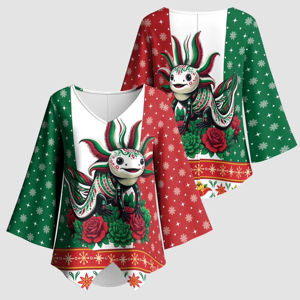 Mexico Christmas Kimono Sleeve Blouse Cute Axolotl with Flag Style - Wonder Print Shop