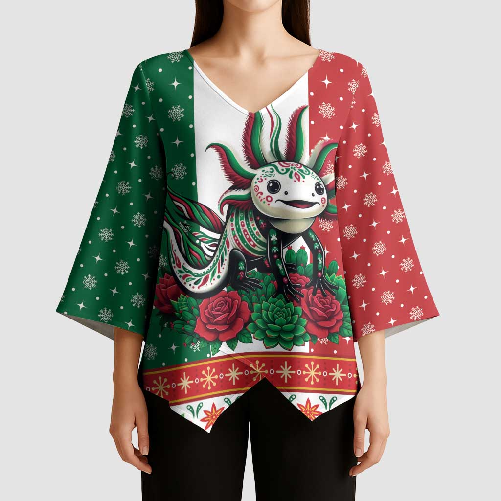 Mexico Christmas Kimono Sleeve Blouse Cute Axolotl with Flag Style - Wonder Print Shop
