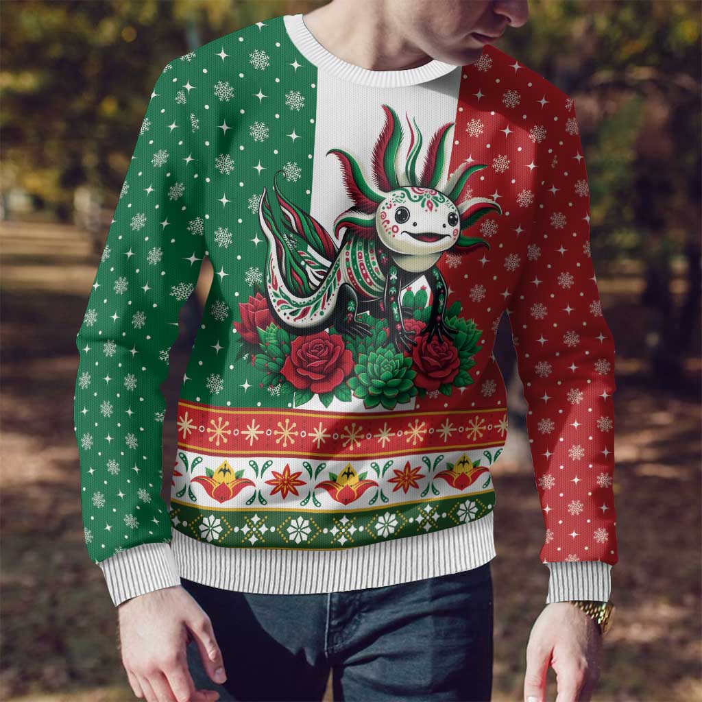 Mexico Christmas Ugly Christmas Sweater Cute Axolotl with Flag Style - Wonder Print Shop
