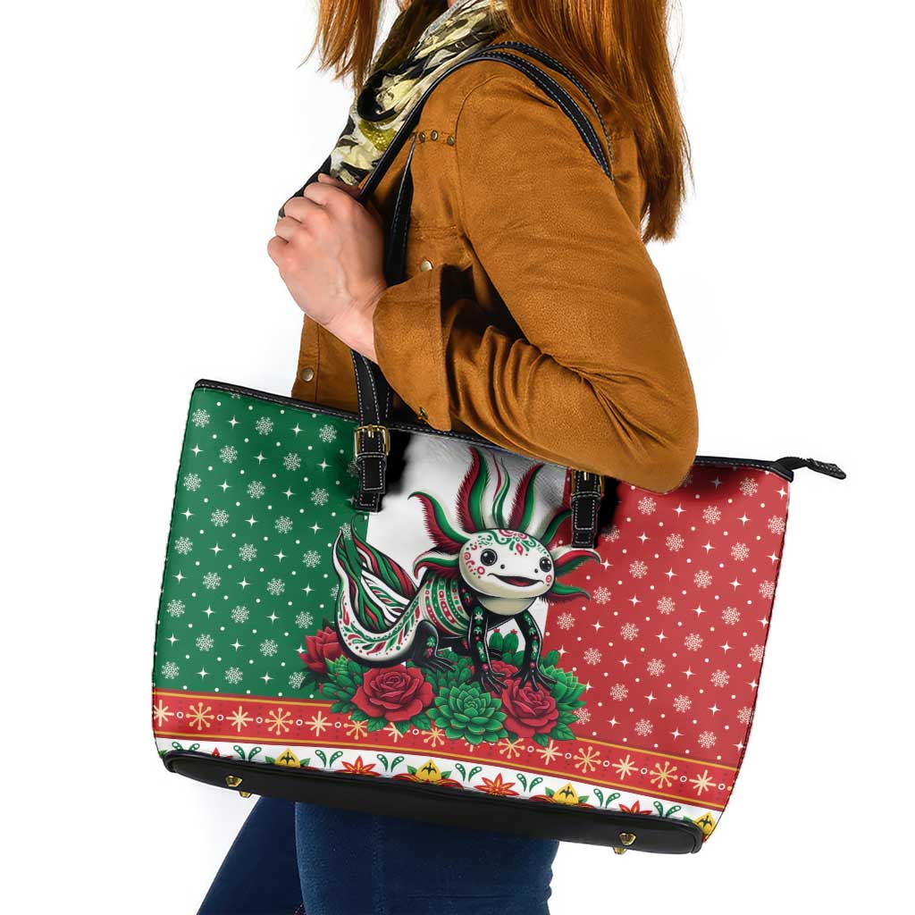 Mexico Christmas Leather Tote Bag Cute Axolotl with Flag Style - Wonder Print Shop