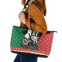 Mexico Christmas Leather Tote Bag Cute Axolotl with Flag Style - Wonder Print Shop