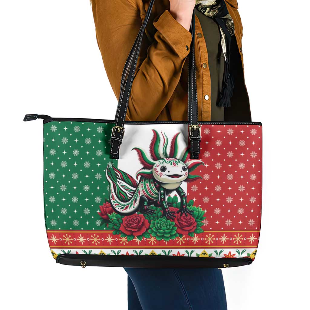 Mexico Christmas Leather Tote Bag Cute Axolotl with Flag Style - Wonder Print Shop