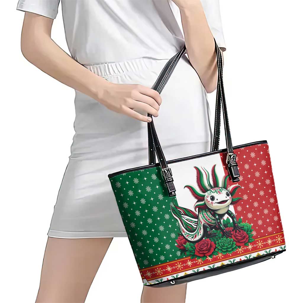 Mexico Christmas Leather Tote Bag Cute Axolotl with Flag Style - Wonder Print Shop