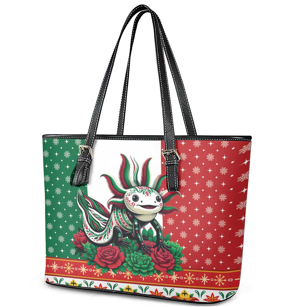 Mexico Christmas Leather Tote Bag Cute Axolotl with Flag Style - Wonder Print Shop