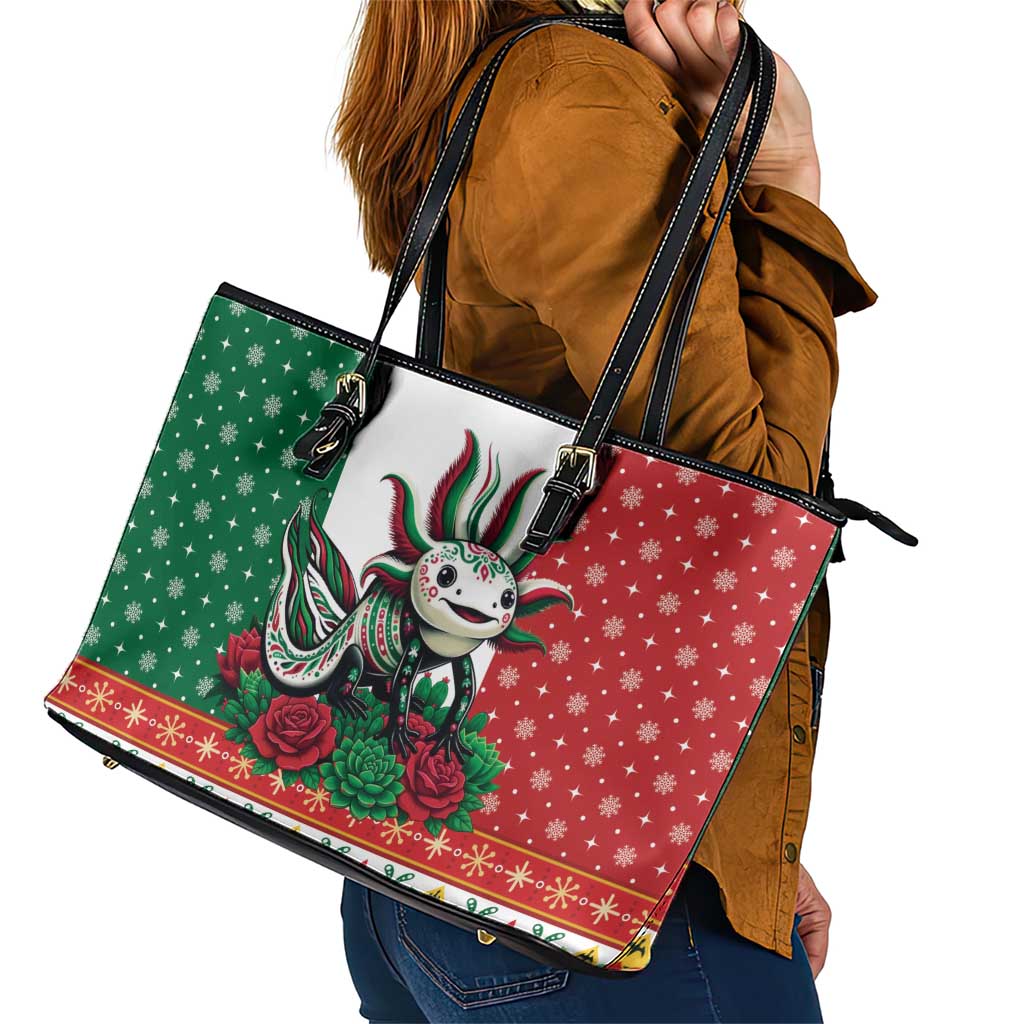 Mexico Christmas Leather Tote Bag Cute Axolotl with Flag Style - Wonder Print Shop
