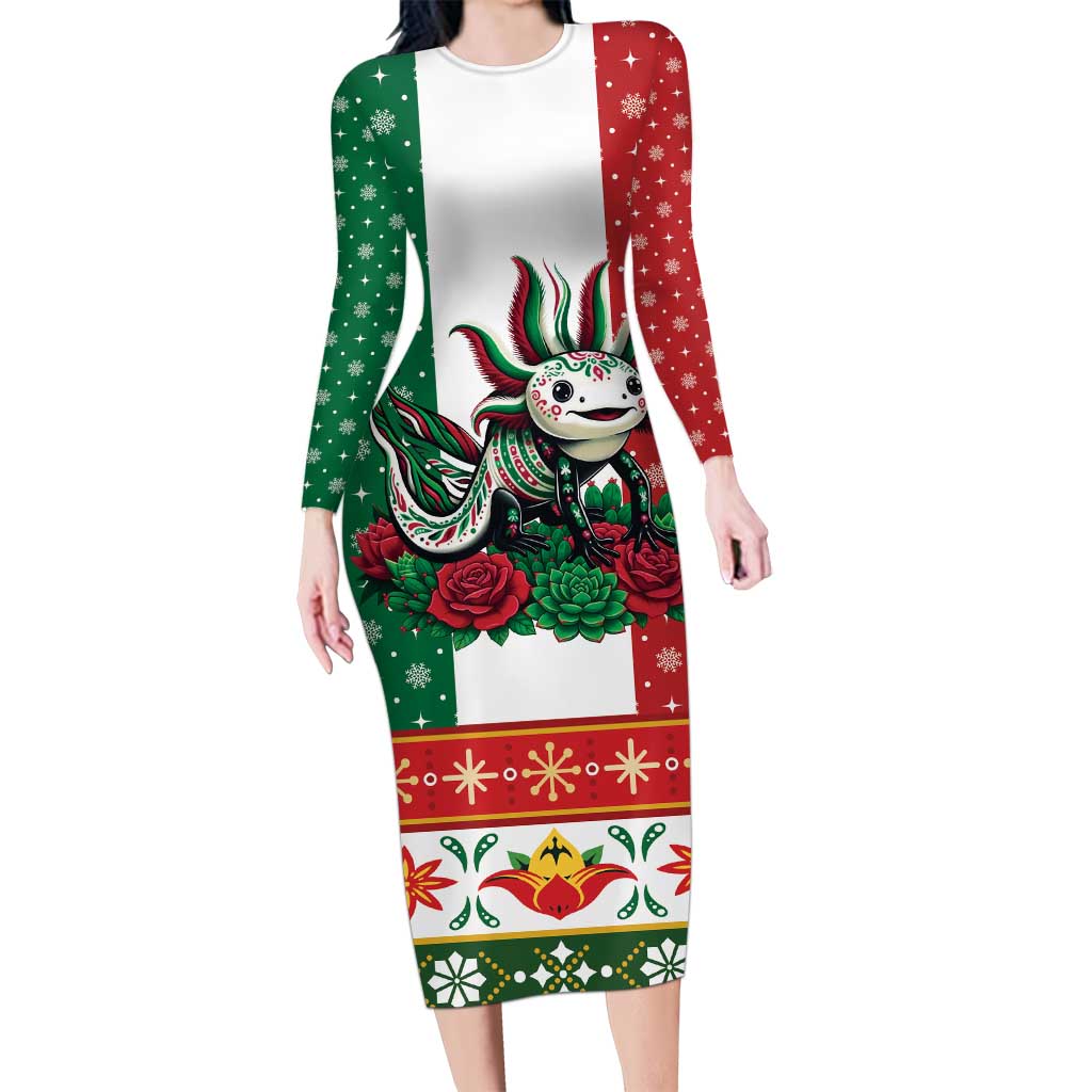 Mexico Christmas Long Sleeve Bodycon Dress Cute Axolotl with Flag Style - Wonder Print Shop